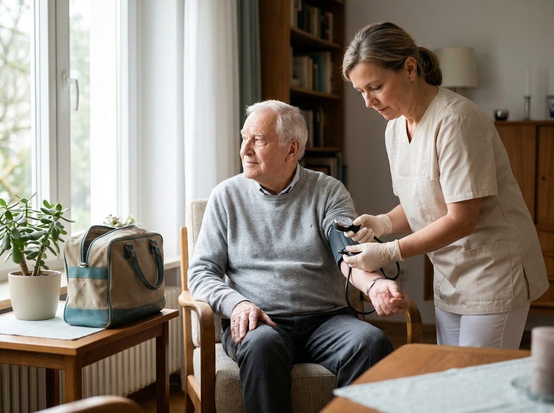 Pflegekraft misst den Blutdruck eines Seniors zu Hause – Behandlungspflege in Reutlingen