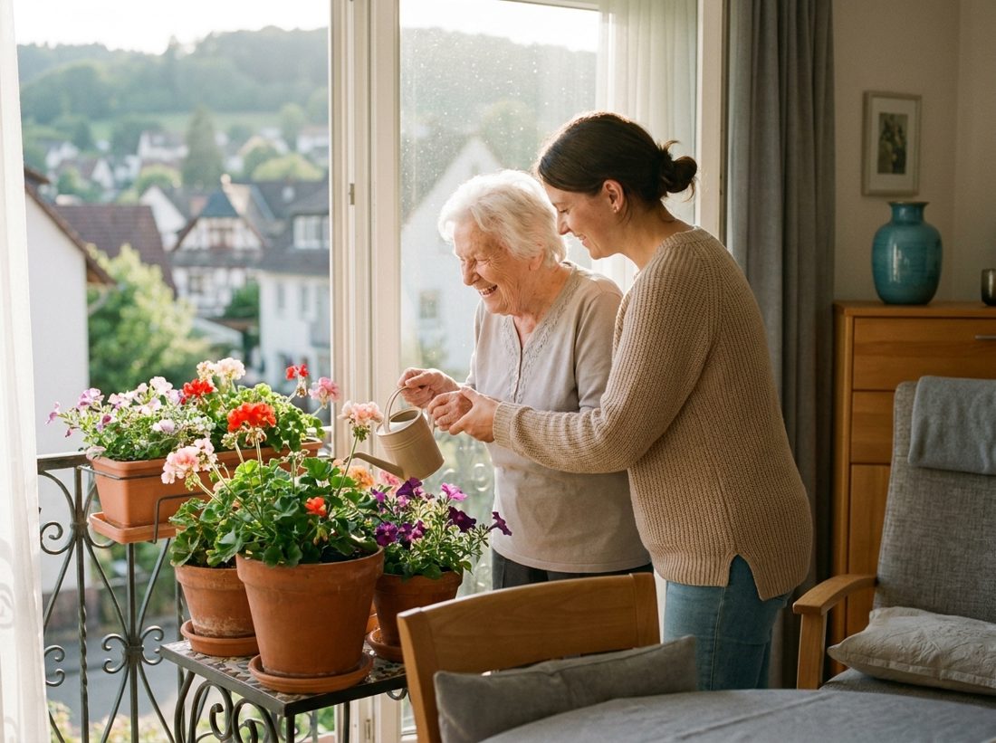 Pflegekraft hilft einer Seniorin beim Blumengießen auf dem Balkon – Betreuung und Alltagshilfe