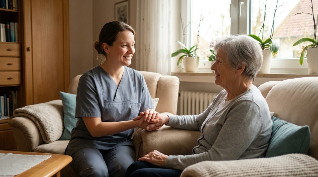Pflegerin sitzt fürsorglich neben einer Seniorin auf dem Sofa – Grundpflege